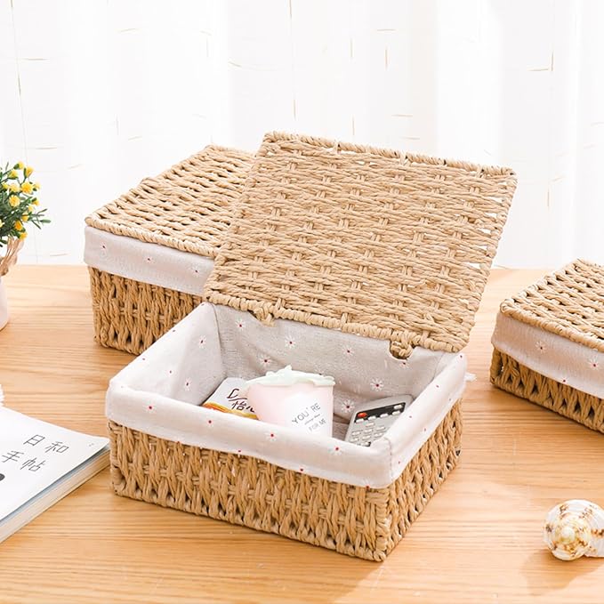 1PC Woven Storage Basket with Lid for Closet Shelf-Khaki Large | Bathroom, Closet & Shelf Storage Basket, Sewing & Towel Basket, Blanket & Toy Storage, Woven Basket with Liner