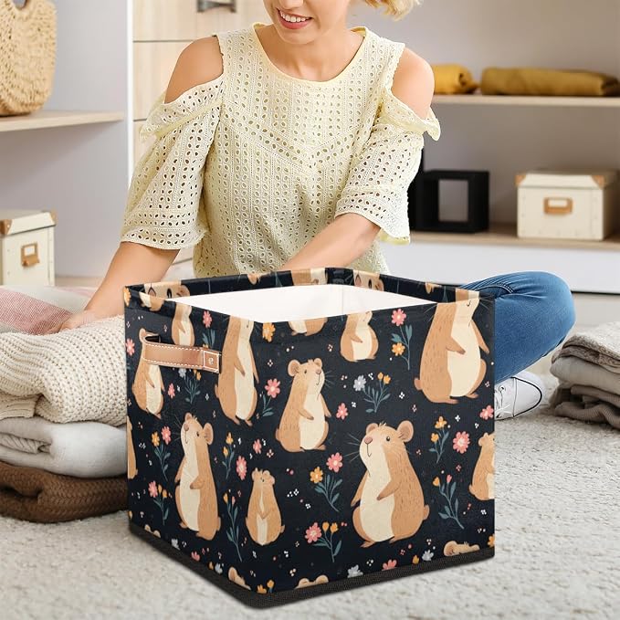 TropicalLife Flower Floral Capybara Storage Cube, 13 Inch Fabric Cube Storage Organizer Bin for Shelves Clothes, Decorative Foldable Storage Boxes