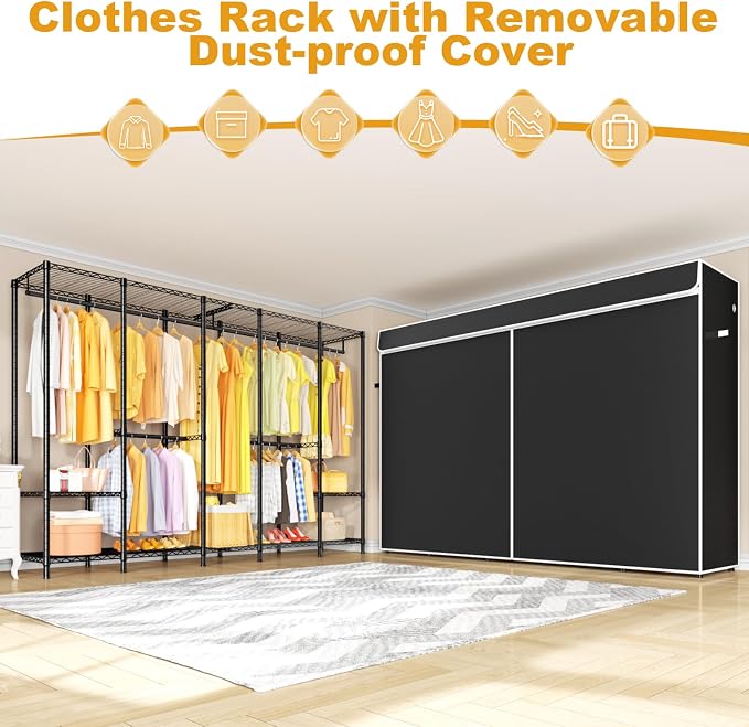 ULIFHOME H50C Extra Large Clothes Rack with Cover, Freestanding Portable Closet, Covered Clothing Racks for Hanging Clothes, Heavy Duty Garment Rack, Wardrobe Closet with Black Cover Max Load 1350 Lbs
