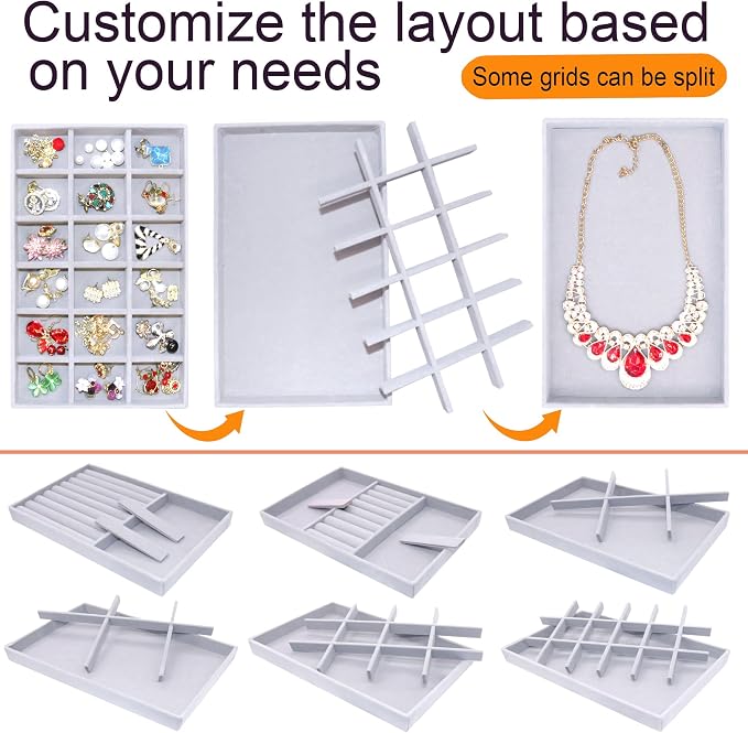 Set of 8 Stackable Jewelry Organizer X-Large Velvet Jewellry Trays Jewelryy Drawer Inserts, Earring Ring Brooch Necklace Bracelet Watch Display Plate with Removable Dividers