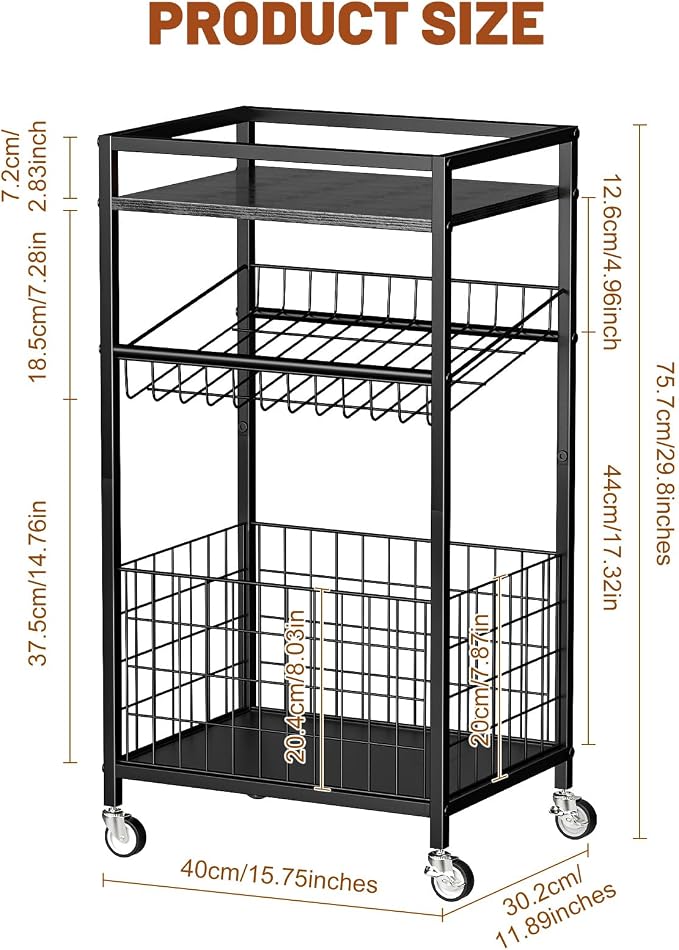 Fruit Vegetable Cart, 3-Tier Snack Cart on Wheels & Wood Top, Black | Vegetable Rack For Kitchen, Kitchen Cart Organizer for Fruit, Vegetables, Potato, Snack