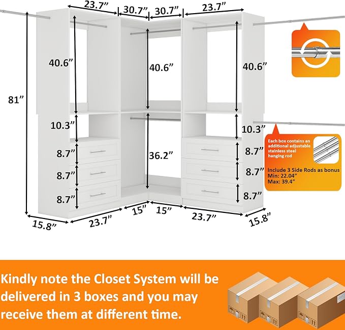 Closet System with 6 Wooden Drawers, 6.5-16FT Corner Closet Organizer System for Walk in Closet, Heavy Duty Modular Closet Systems, Built-in Shelving System with 7 Hanging Rods, 3-Piece Set