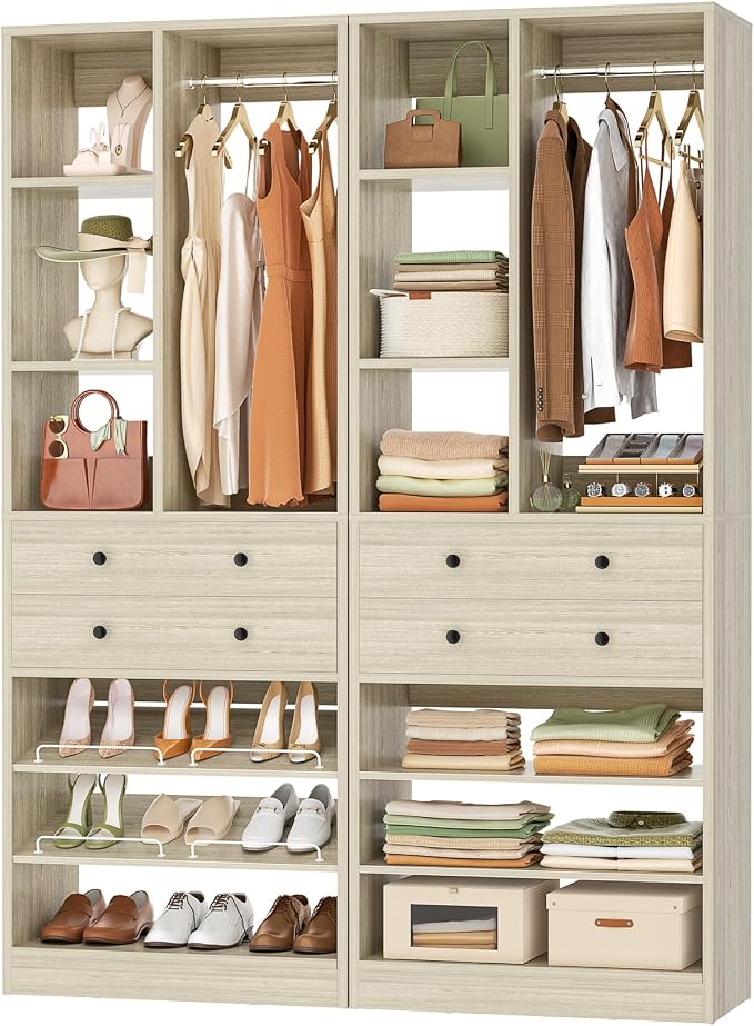 Besiost Closet System, 55.5"/4.6 FT Closet Organizer System with Drawers and Shelves, Walk-in Closets Systems for Small Closets, Free Standing Reach in Closet Tower, Load 1200+LBS, Greige 2 Pack