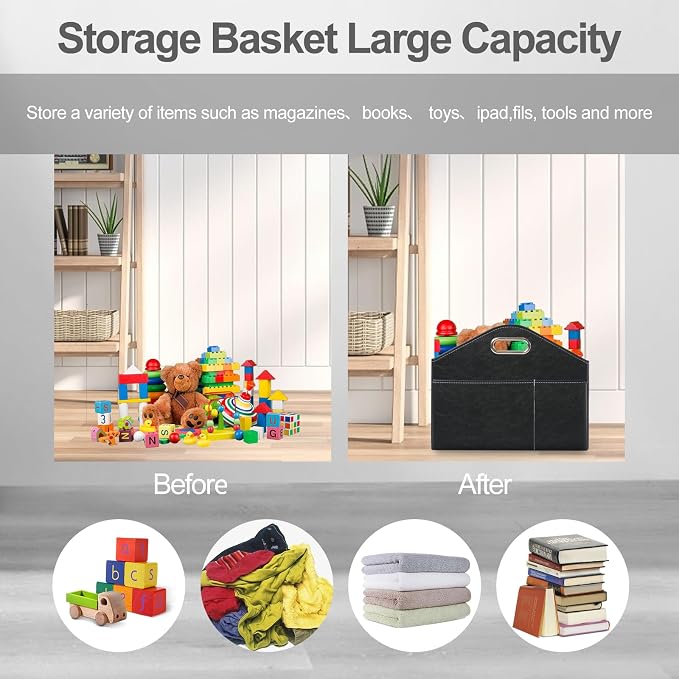 PU Leather Magazine Rack Floor foldable Magazine Basket Magazine Holder Organizer Newspaper Storage Bin Document File Holder for Home Office Living Room Table