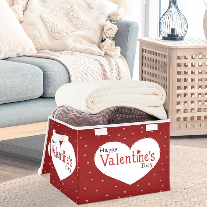 CaTaKu Large Fabric Storage Bins With Lids,Valentine's Day Hearts Storage Boxes With Handles for Organizing Clothes, Collapsible Storage Cube Bins Baskets for Shelves