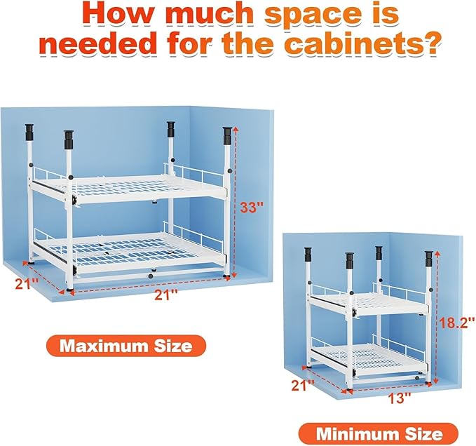 Hisencn Expandable 2-Tier Pull Out Cabinet Organizer, 13"-21" Wide Slide-Out Drawers (White)