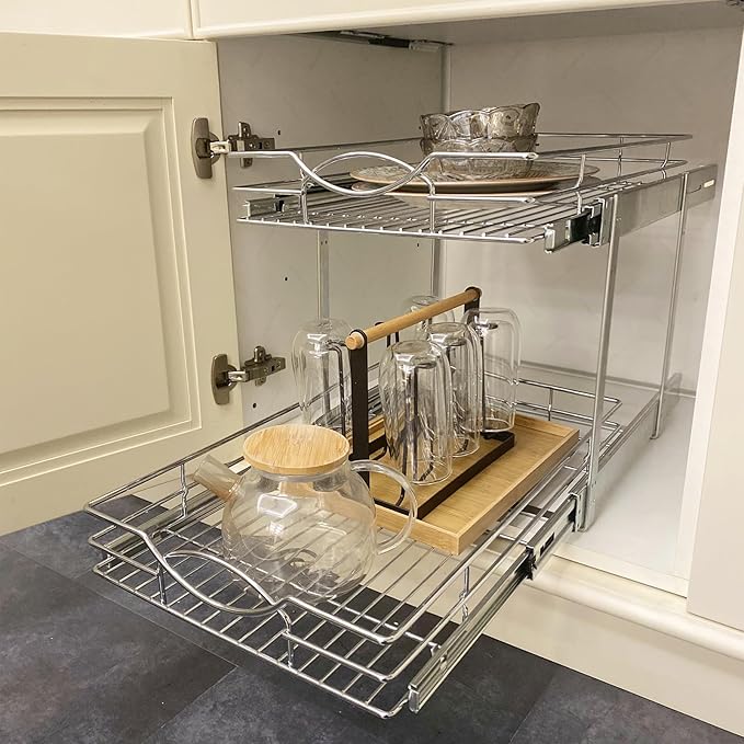 Sikarou Pull Out Cabinet Organizer 2-Tier Individual Slide Out Drawer Pantry Shelf Storage for Kitchen Base Cabinet Organization for Kitchen, Bathroom, Pantry, Chrome (2-Tie 7 * 21 in)