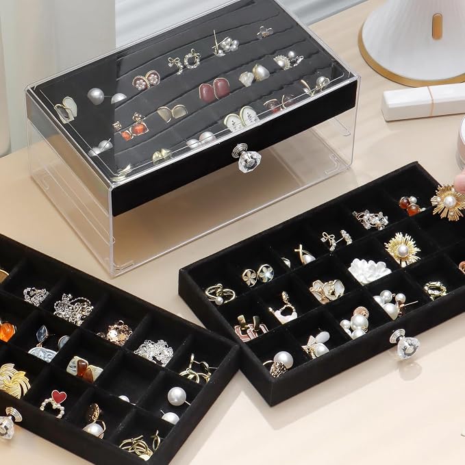 SPAKOWN Earring Box Holder Organizer Display Case | Clear Velvet Jewelry Storage Tray Organizer for Earring Ring Stud (Black - 3 Drawers)