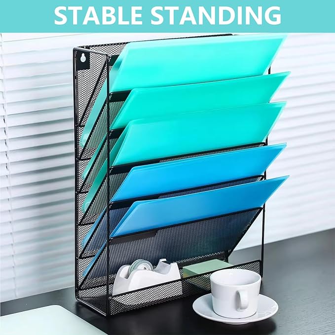MINDEPOT 7-Tier Wall Hanging File Organizer Cubicle Hanging Organizer Mount File Holder, Mesh Magazine Document Mail Organizer Wall Organizer for Office School Home, Black