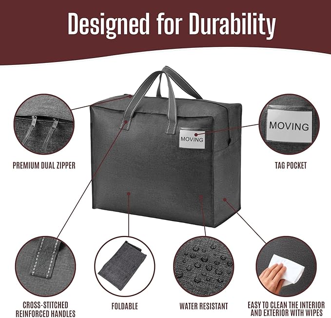 VENO 4 Pack Heavy Duty Moving Bags, Storage Bags, Packing Supplies, Top Zipper, Storage Totes for Camping, Clothes, Bedding, Comforters, Pillows (13 Gallon Dark Gray, 4 Pack)