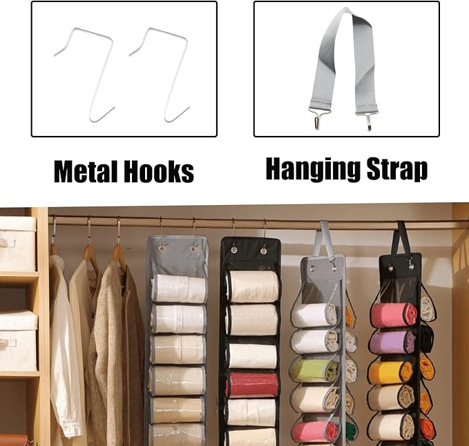 Legging Hanger Organizer 16 Pockets Hanging Closet, Gray | Foldable Fabric Hanging Shelf for Wardrobe Door Dorm, Space Saving Tank Top Scarf Jeans Tshirt Storage Organizer for Women