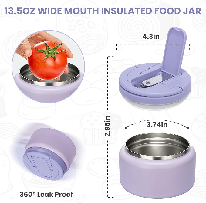 Itslife Soup Thermo for Hot Food Kids 25.5oz Lunch Containers with Buckle Lid Wide Mouth Hot Food Jar Vacuum Insulated Stainless Steel Bento Box Leakproof with Spoon (Purple3, 13.5oz)