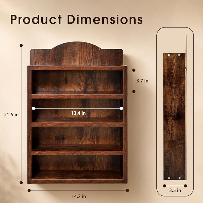 Vintage Spice Rack Wall Mounted, 4 Tier Wooden Spice Organizer Shelf for 24 House-Shaped Jars, Farmhouse Kitchen Decor Display Shelf, Rustic Brown