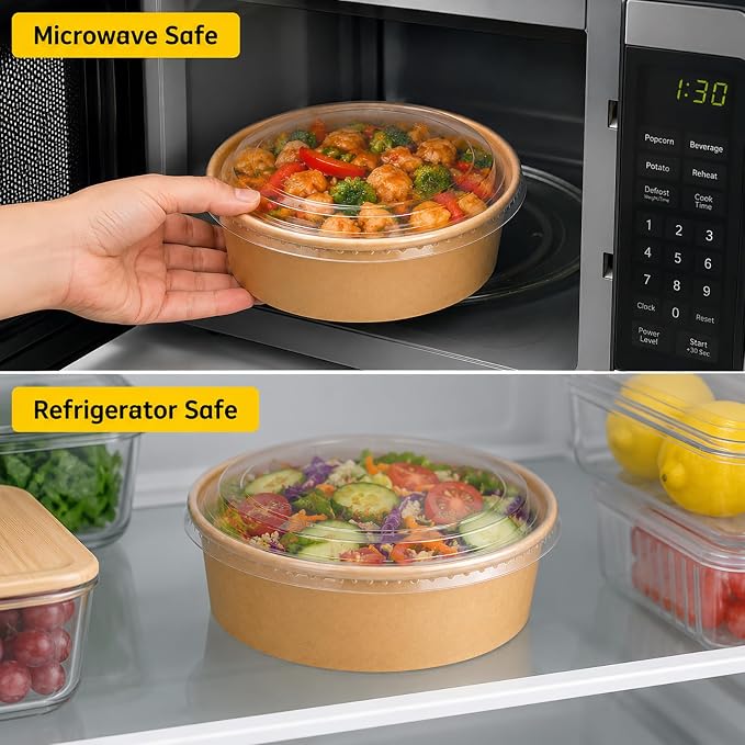 50pks 17oz Disposable Meal Prep Containers, Disposable Bowls with Lids | Disposable kraft paper bowls with lids, Waterproof, Safe for hot & cold food, Perfect for catering, parties, lunch takeout