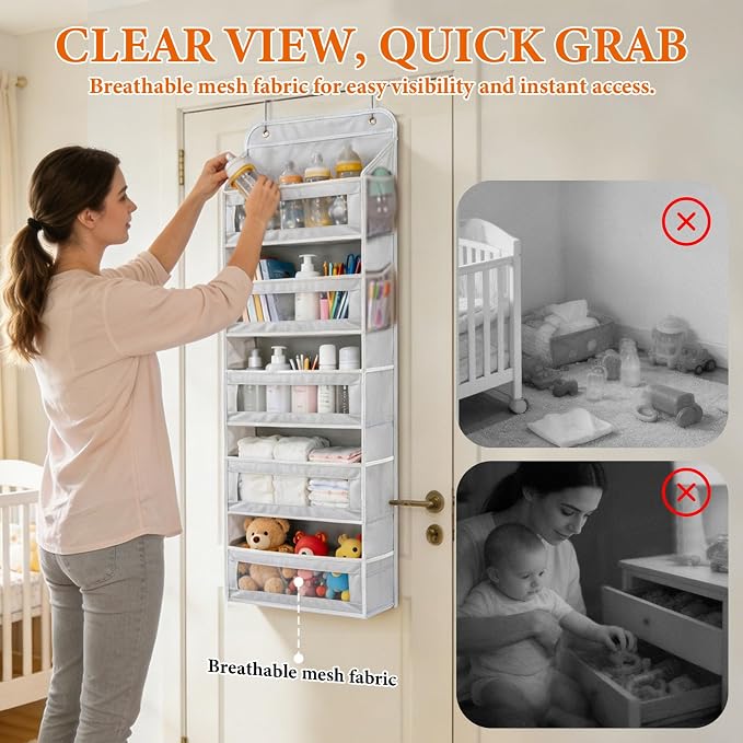 Over the Door Organizer 5-Tier, Heavy Duty Behind Door Storage, Anti-Tilt Capacity, Door Hanging Organizer with Clear Window for Closet, Bathroom, Nursery, Bedroom, Pantry, Shoe Diaper (Light Gray)