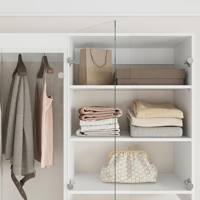 ROOMTEC 31.5" Shoe Shlef Tower Wardrobe Closet with Clear Glass Doors, Wall Mounted Modular Closet System, Clothes Storage Unit for Bedroom or Walk-in Closet, White