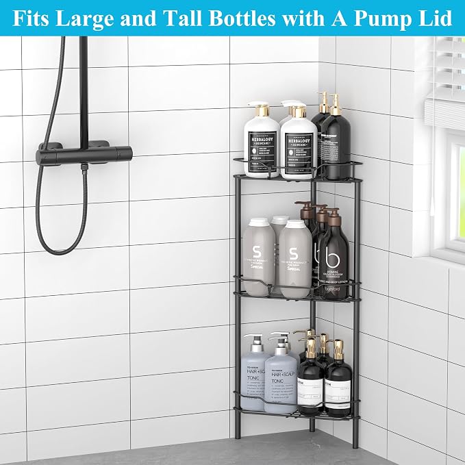 HuggieGems 3 Tier Floor Standing Corner Shower Caddy Organizer Shelf with Hooks, Bathroom Shelves Stand Rack, Matt Black