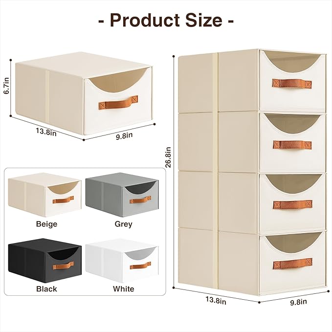 Homsorout Stackable Storage Drawers - Collapsible Storage Bins with Drawers, 8 Pack Closet Shelf Organizer Basket, Fabric Pull Out Organizer for Bedroom, Living Room, Dorm, Beige