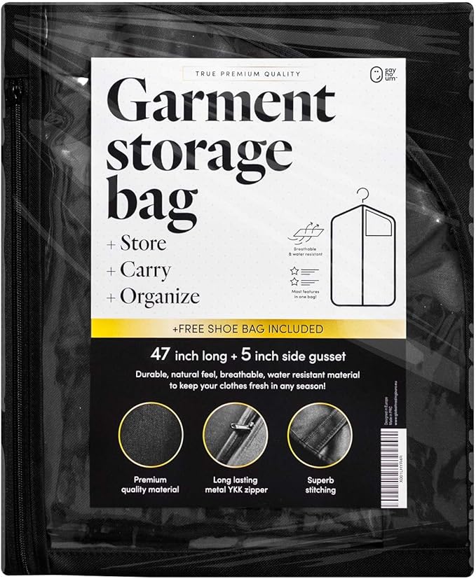 Luxury Storage Garment Bag for Men Suit, Long Women Dress, Tuxedo, Uniform | 47 Inch + 5 Inch Side Gusset | Hanging, Breathable, Foldable Clothes Cover and Protector