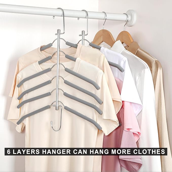 TOPIA HANGER Clothes Hanger Space Saving, 6 Tier Shirt Coat Hangers Space Saving No Bump Shoulder Hangers with No Slip Foam Padded Closet Organizers and Storage for Men and Women 2 Pack CT87G