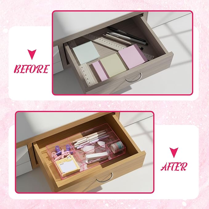 Briwooody Translucent Pink Acrylic Desk Drawer Organizer 11 x 6.1 x 1.38 Inch Storage Tray Organizer for Pens, Stationery, Desktop, Office, Bathroom, Kitchen, Makeup Supplies (6 Compartments)