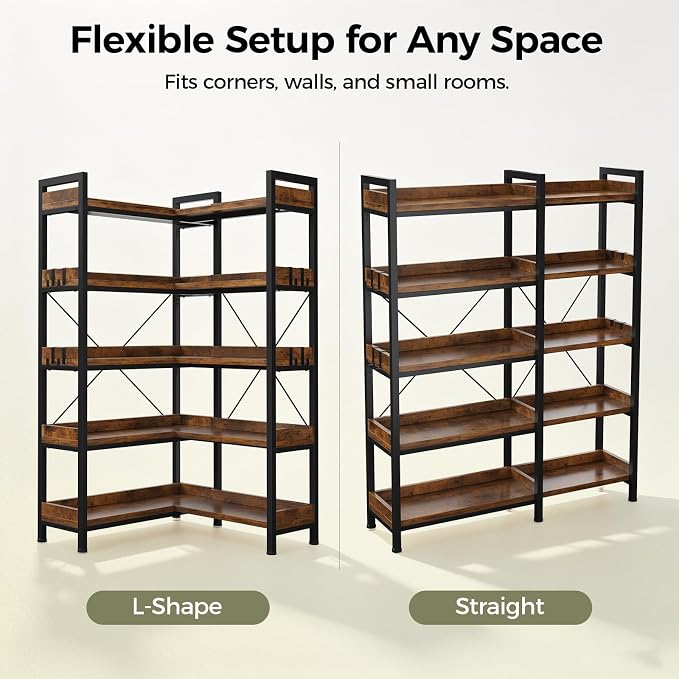 GTPLAYER 5-Tier Corner Bookshelf, L-Shaped Metal Frame Shelf with Tall 14" Shelves, Plant Stand and Storage Rack for Small Spaces, Living Room and Home Office, Vintage Brown