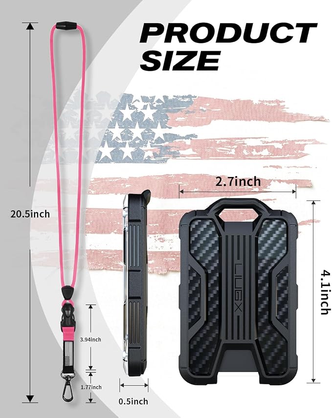 LIUGX Badge Holder with Breakaway Lanyard, Carbon Fiber-Texture, 6 Cards | American Flag, Quick Release Detachable Buckle, Metal Clip, Heavy Duty ID Card Holder, for Work, Office, All Pink