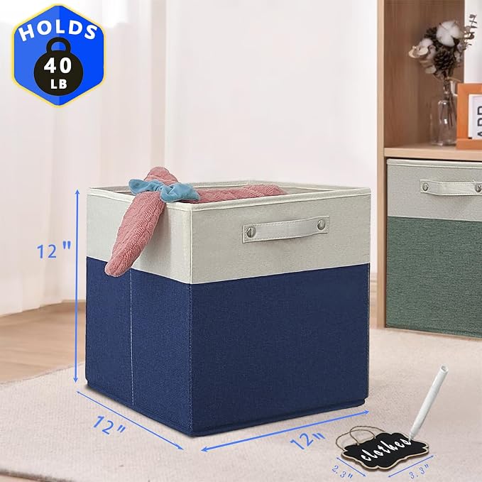12x12 Collapsible Fabric Storage Cubes, Set of 4, White Blue, Linen Cardboard, 40 lbs Capacity, Kallax Compatible