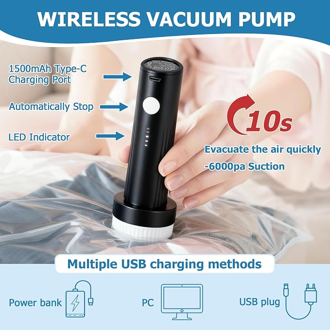 15 Vacuum Seal Bags for Clothing Travel with Rechargeable Air Pump | 4 Size Space Saver Vacuum Storage Bags, 1500mAh Type-C Pump, 6000Pa Saves 80% Space, PA+PE Tearproof Zipper For Luggage