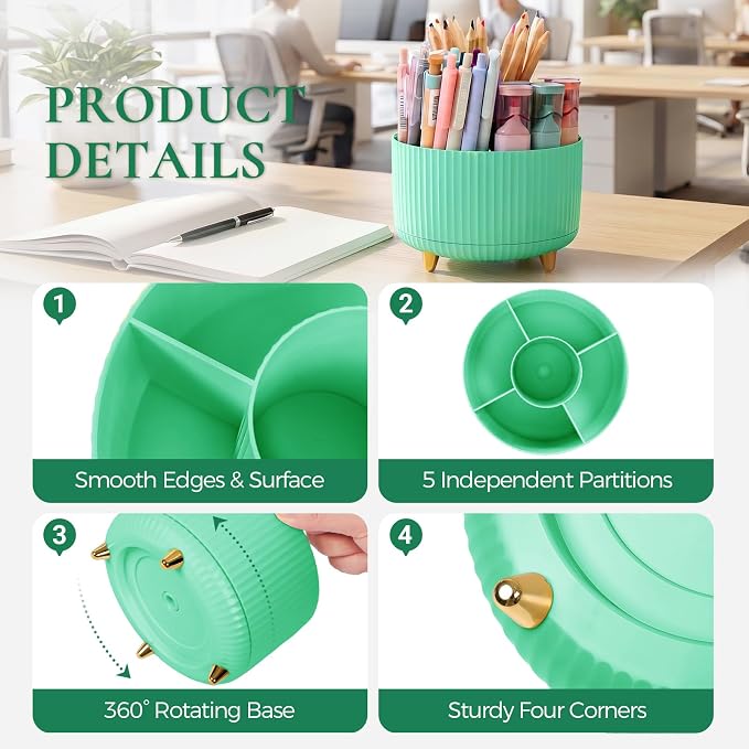 KONVINIT Pencil Pen Holder for Desk, 5 Slots 360-Degree Rotating Desktop Organizer, Cute Desk Organizers and Accessories for School, Home, Office and Art Supply, Mint Green