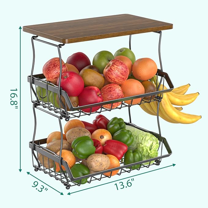 XYZLVSI 3 Tier Countertop Fruit Basket Bread Bowl with 2 Banana Hangers | Metal fruit rack with wooden handle, 16.8" H large storage stand for potato/onion/vegetables/snacks/produce storage, black