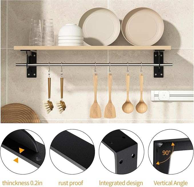 13.5x5.6inch Closet Rod Bracket Heavy Duty Support 400 lbs (4pack Black) | Sturdiness Wall Mounted L-shaped Shelf Brackets with Holders for Kitchen Bathroom Bedroom Office