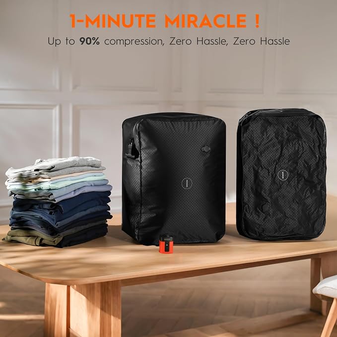 43L Max Capacity Vacuum Bags with Wireless Pump - Space Saver Compression Bags for Travel Luggage, No Checked Baggage, IP68, Reusable, Fits 20/24/28 Inch Suitcases (2PC No Tracker)