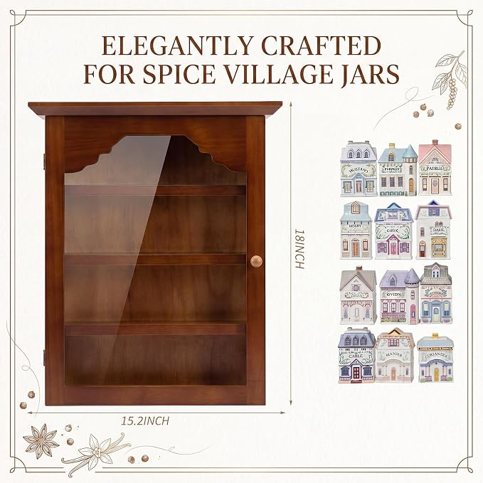 Chunful Vintage Spice Jar Wooden Rack with Clear Door, Brown Spice Shelf for 24 Jars, Village Style Wall Mounting Kitchen Storage Decorative Hanging Display Rack, Shelf Only
