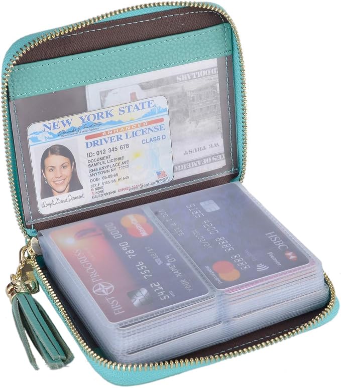 Easyoulife Womens Credit Card Holder Wallet Zip Leather Card Case RFID Blocking (Teal)