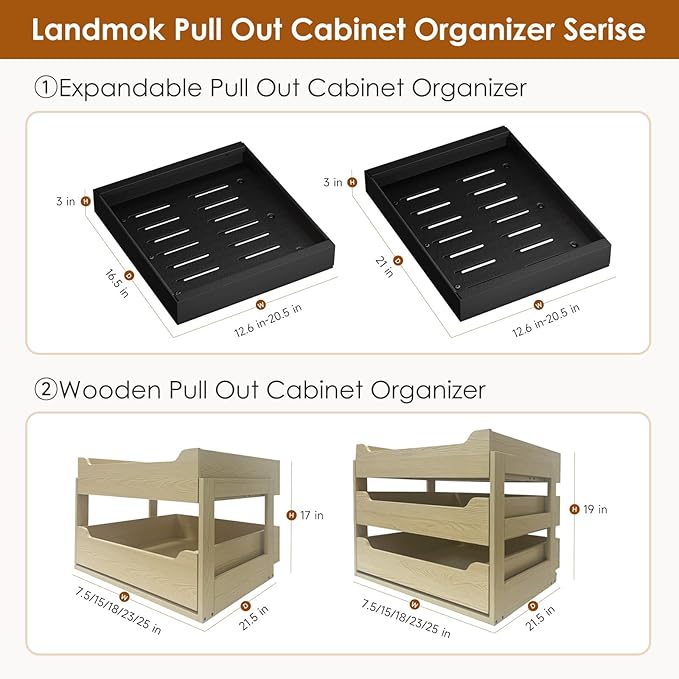 2 Pack Expandable Pull Out Cabinet Organizer 21" Deep, Adjustable Width 12.6"-20.5", No Drill Adhesive with Triple Track Rails, Heavy Duty Slide Out Drawers for Kitchen, Pantry, Cabinets,Black