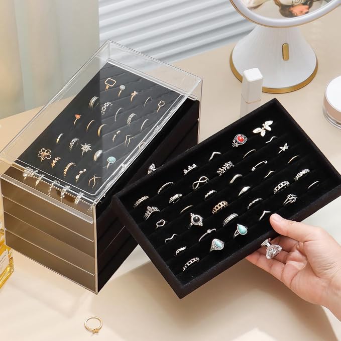 SPAKOWN Ring Box Display Holder, Clear Velvet Jewelry Storage Tray Organizer for Ring Stud Earring (Black, 5 Drawers)