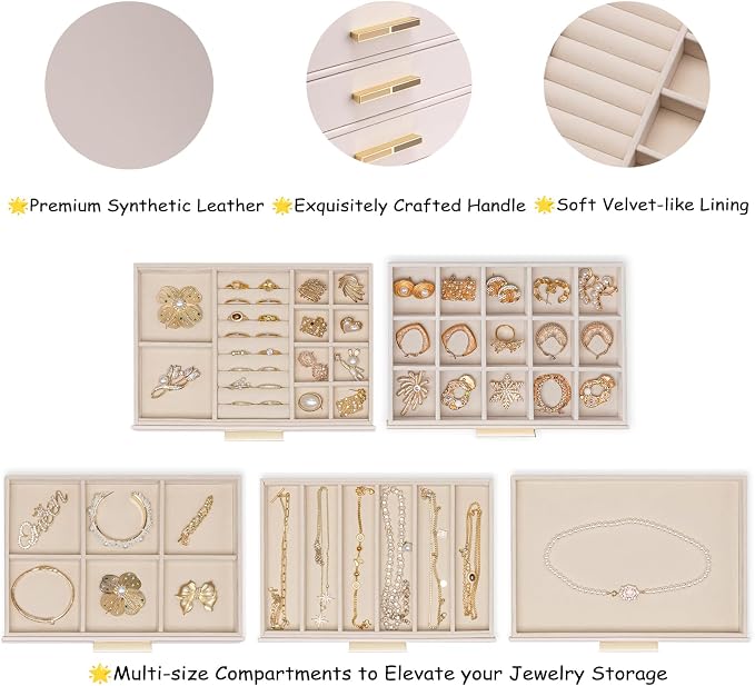 VLANDO 5-Drawer Jewelry Box with Glass Lid, Faux Leather Organizer for Rings Earrings Necklaces and More, Gift-Ready Jewelry Case for Women Girls or Moms, Pink Beige