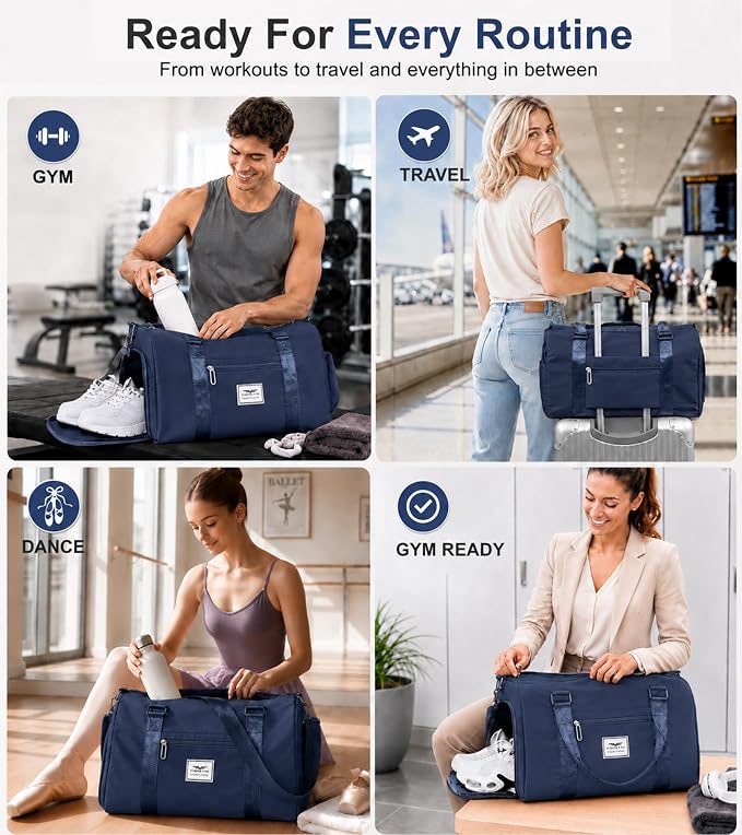 FIORETTO Womens Gym Tote Duffle Bag with Wet Pocket & Shoe Compartment, Sports Duffel Overnight Weekender Hospital Workout Carry on Bag for Girls, Ideal for Travel, Swimming, Dance, Ballet Navy Blue