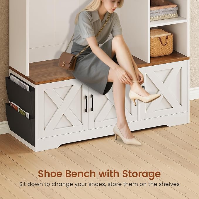 Itaar Hall Tree with Bench and Shoe Storage, Farmhouse Entryway Bench with Coat Rack, Shoe Cabinet with Adjustable Shelves, 6 Storage Cubbies, 10 Coat Hooks, Storage Bag, Led Lights, White