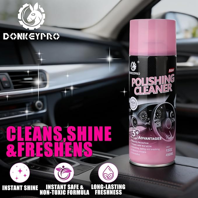 DONKEYPRO Car Interior Cleaner, Polishing Cleaner Detailer Spray for Vehicle Detailing, 450ml Aerosol 15 fl oz with Iron Can (2-Pack)