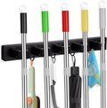 FunCee Broom Holder Wall Mount With 5 Slots & 4 Hooks，Rustic Wood Broom & Mop Hanger，Wall Mounted Garden & Garage Tool Storage Organizer Rack for Closet Laundry Room or Kitchen Wall Decor Black