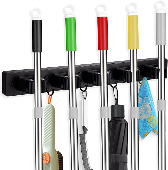 FunCee Broom Holder Wall Mount With 5 Slots & 4 Hooks，Rustic Wood Broom & Mop Hanger，Wall Mounted Garden & Garage Tool Storage Organizer Rack for Closet Laundry Room or Kitchen Wall Decor Black
