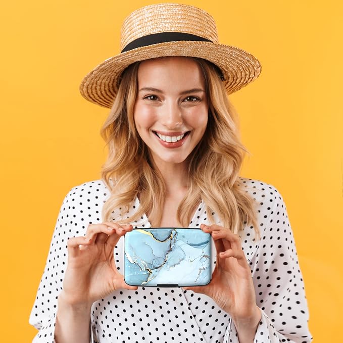 Credit Card Holder, Small RFID Metal Credit Cards Wallet Cute Business Card Holder Pocket ID Case for Women Men, Blue Marble