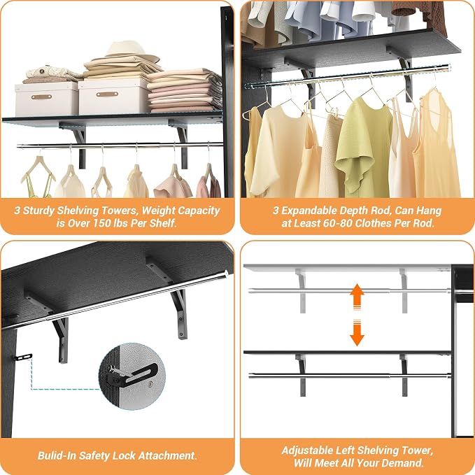 8FT Closet System with 3 Wooden Storage Shelves, 96'' Closet Organizer System with 3 Hanging Rods, Wall Mount Bedroom Wardrobe Walk-in Closet, Adjustable Garment Rack from 5 to 8FT (Cut to Fit), Black