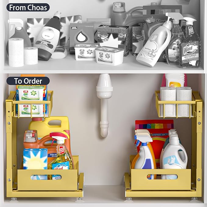 L-Shaped Under Sink Organizer, 2-Tier Pull Out Metal Kitchen Cabinet Organizer with Sliding Storage Drawer, Height Adjustable Heavy Duty Under Bathroom Sink Storage for Cleaning Supplies 1 Pack