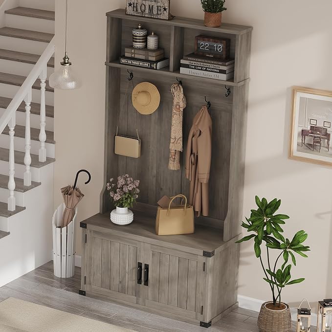 Garvee 77" H Farmhouse Hall Tree with Bench & Shoe Storage, Coat Rack | Mudroom Storage with 5 Tri-Hooks, Enclosed Cabinet, Adjustable Shelf, 2 Top Cubbies, for Entryway, Space Saving, Rustic Gray