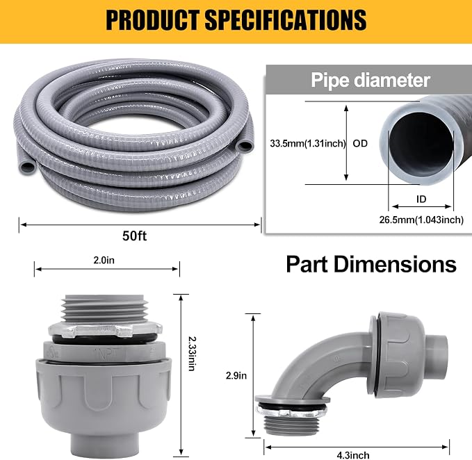 Liquid-Tight Conduit - 1inch 50 Foot Flexible Non Metallic Liquid Tight Electrical Conduit Kit, with 6 Straight and 3 Angle Fittings Included. 1" Dia