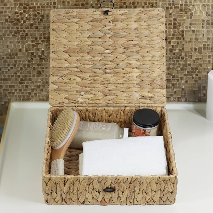 Water Hyacinth Basket with Lid, Rectangular Wicker Storage Basket Bins with Lid, Decorative Woven Basket Boxes for Storage Home Organizer