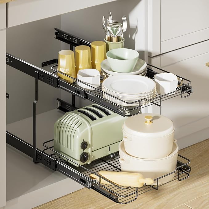 Delamu 14" W X 21" D Pull Out Cabinet Organizer, 2 Tier Heavy Duty Cabinet Shelf Organizers, Cabinet Slide Out Shelves for Kitchen, Pantry and Bathroom, Black Silver